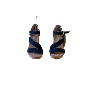 TOMS‎ Black Wedges Sandals Strappy Ankle Buckle Cork Platform Shoes Sz 5.5 NWOB